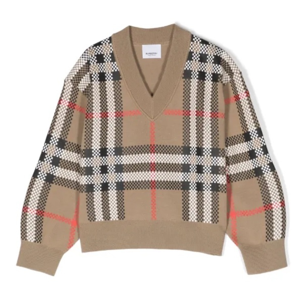 Burberry Beige Plaid V-Neck Sweater with Black, White and Red Accents